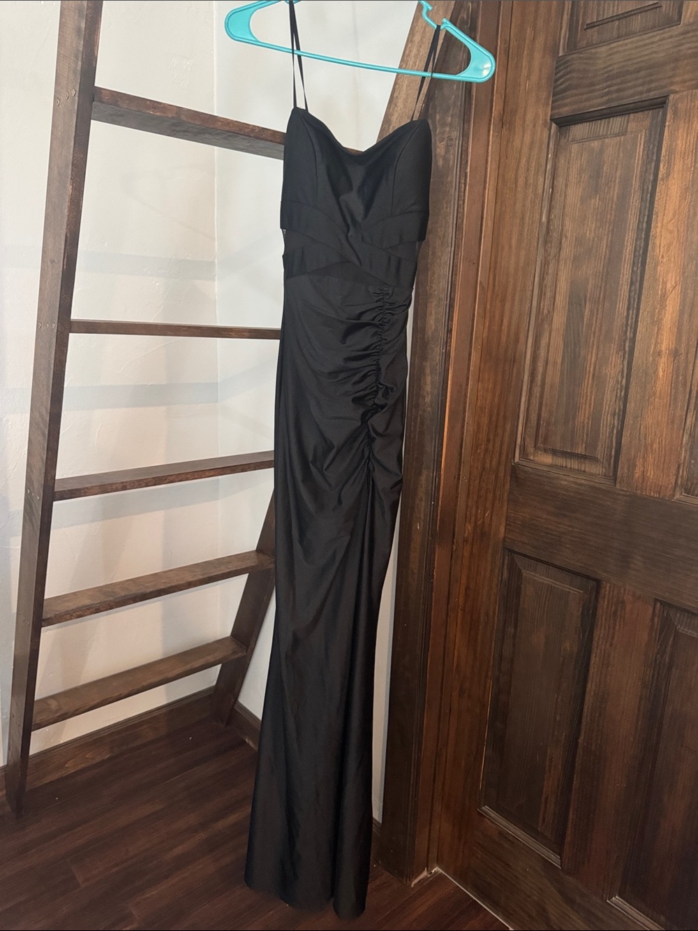 Honey and Rosie Black Ruched Spaghetti-Strap Maxi Dress